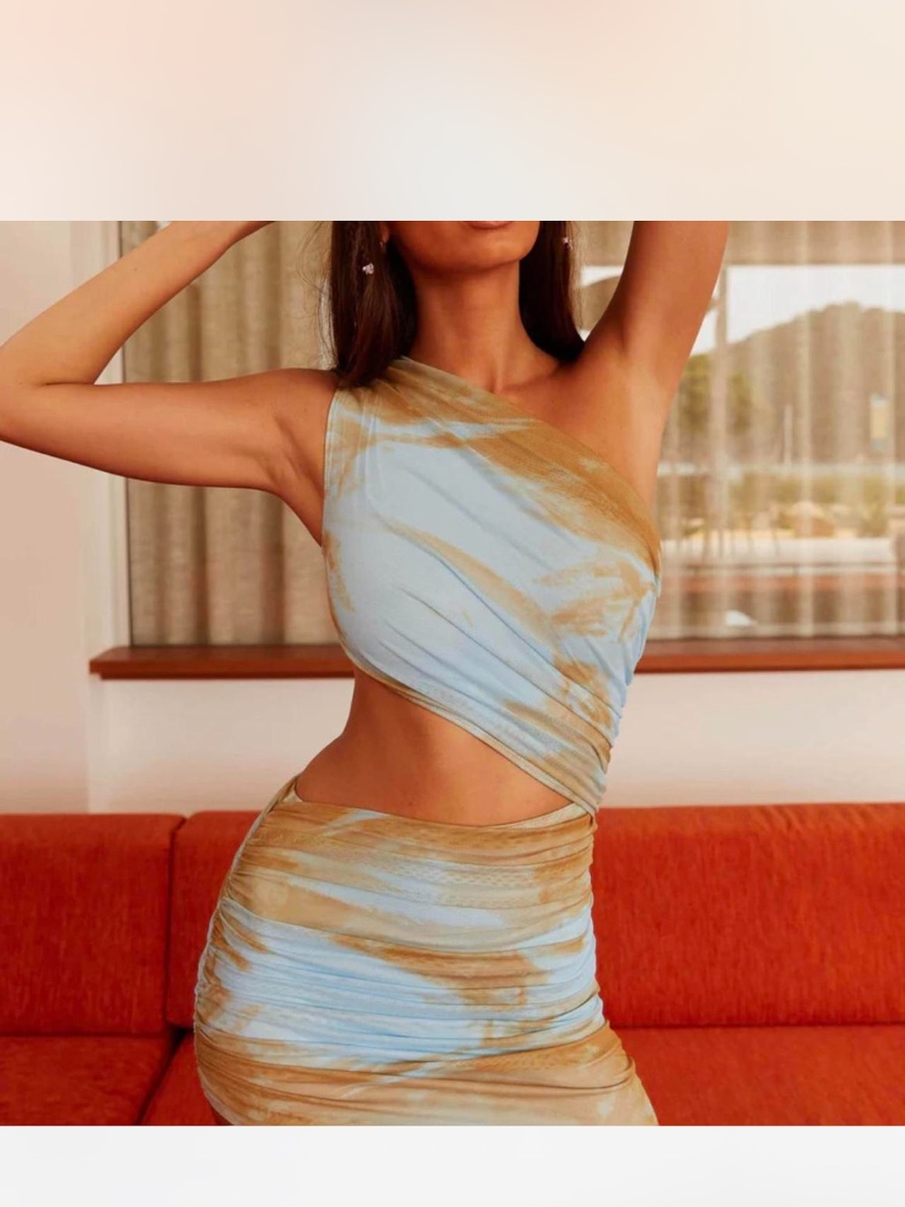 Peppermayo One-Shoulder Cutout Mini Dress in Blue and Tan Marble